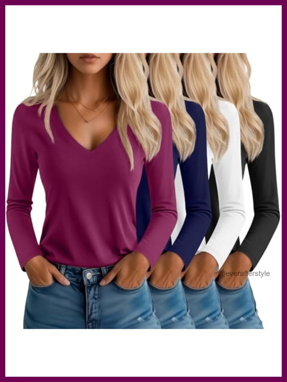 4 Pack Women's Long Sleeve V-Neck T-Shirts Loose Fit Cotton Blend Tops